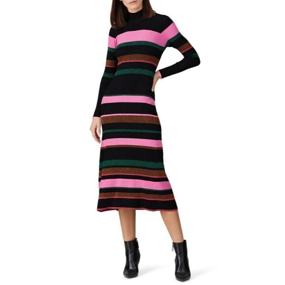 TANYA TAYLOR Velma Black/Multicolor Stripe Open Back Knit Dress Size Large AS IS